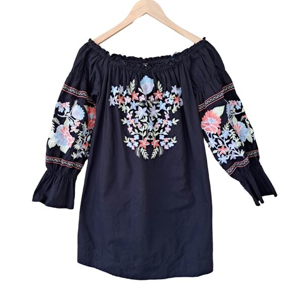 Free People Fleur du Jour Floral Embroidered Mini Dress Medium Off the Shoulder - Picture 7 of 9